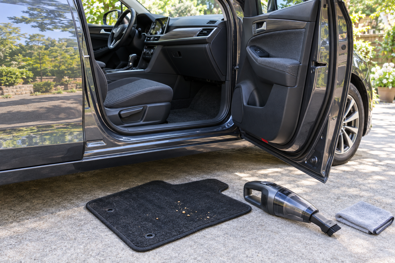 ドアを開けた乗用車の横に、食べかすの付いたフロアマットとハンディ掃除機、布が置かれているイメージ画像