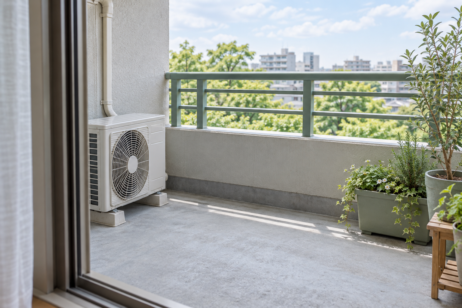 エアコンの室外機と鉢植えのある集合住宅のベランダのイメージ画像