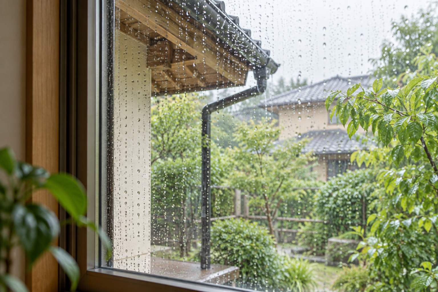 雨粒のついた窓越しに見える、雨の降る住宅の軒先と庭のイメージ画像