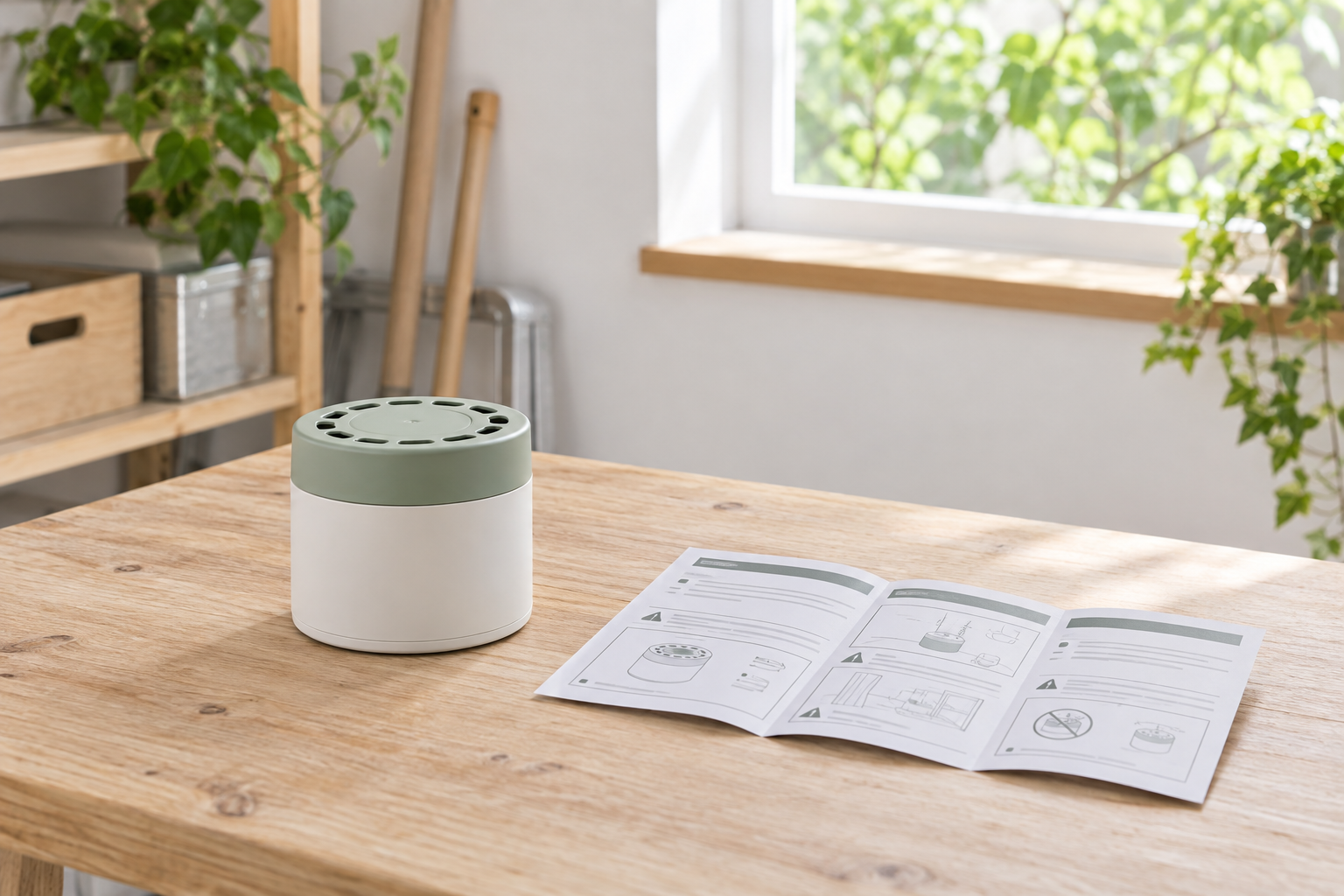 木のテーブルに置いた、ふたに穴のある円筒形の容器と、開いた説明書のイメージ画像