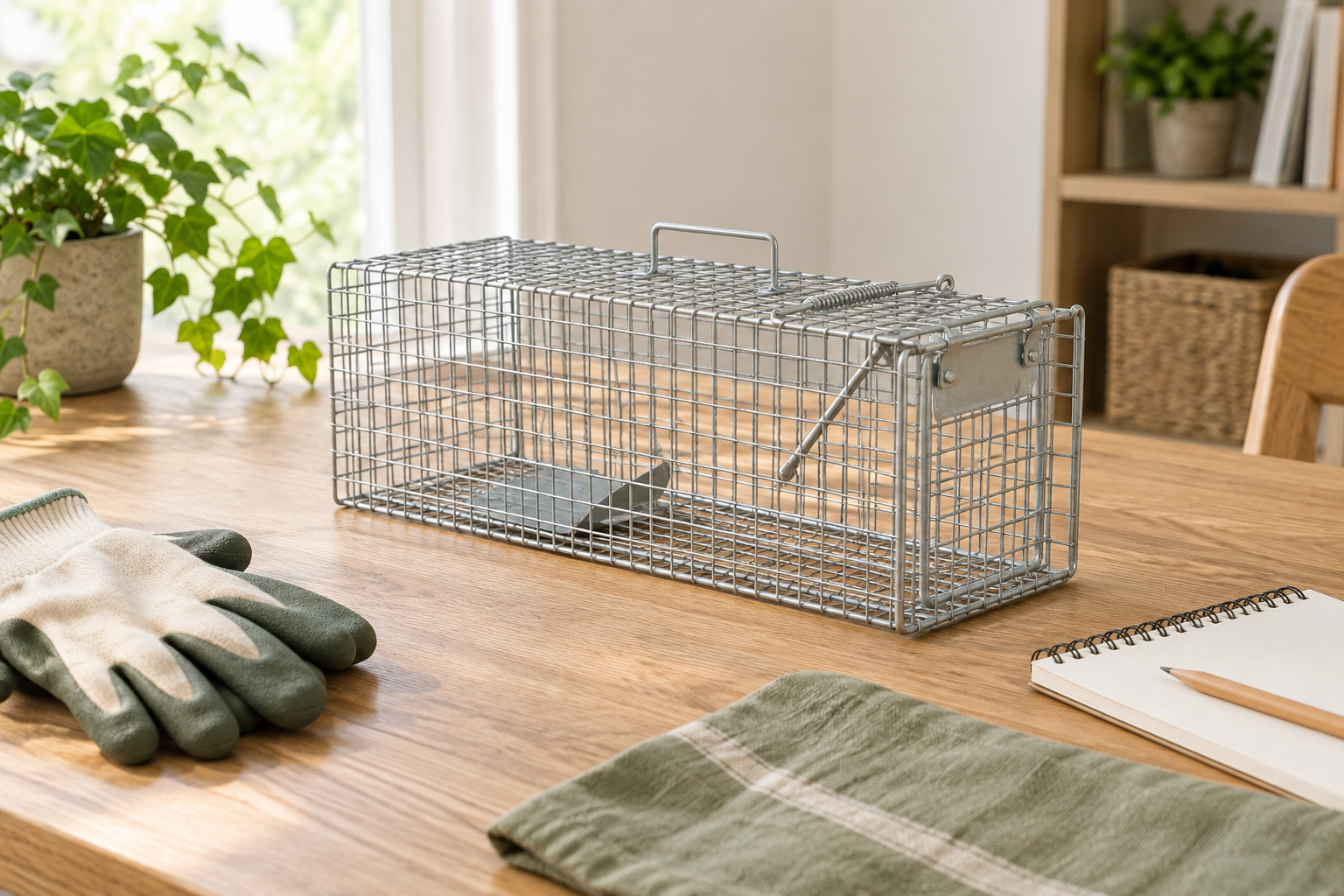 木のテーブルに置いた空の金属製捕獲かごと、手袋・メモ帳のイメージ画像