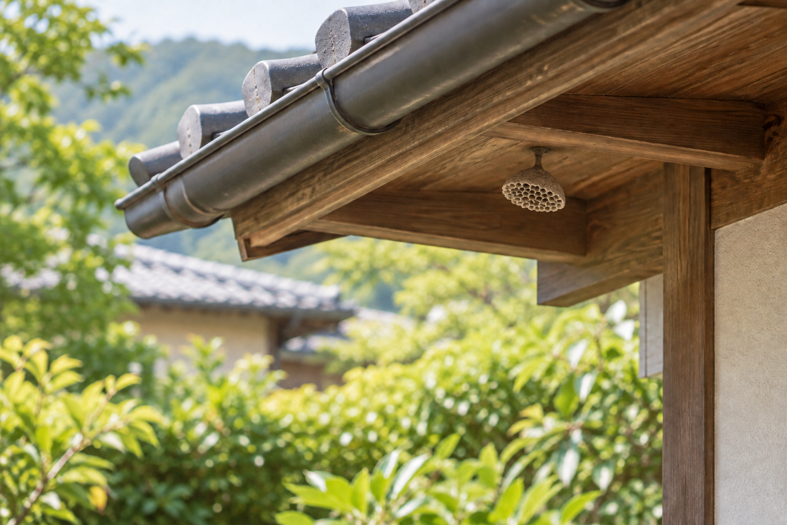 瓦屋根の軒下に、柄でぶら下がり巣穴がむき出しになった小さな蜂の巣が見える住宅のイメージ画像